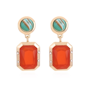 Vintage Geometric Drop Earrings Alloy Red Resin Green Marble Stone Rhinestone Accents French Style Women