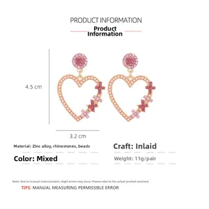 Détails de boucles d'oreilles cœur en alliage doré avec strass roses et petites perles