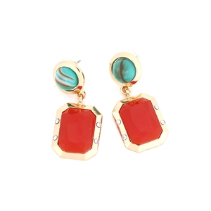 Elegant retro geometric square earrings with red crystal and green gemstone accents