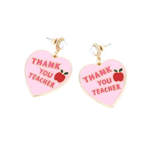 Pink heart enamel earrings with 'Thank You Teacher' text and pearl studs for women