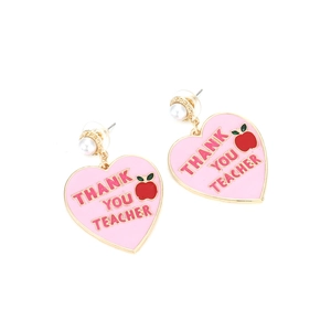 Detail of pink enamel heart earrings with Thank You Teacher text and pearl accents