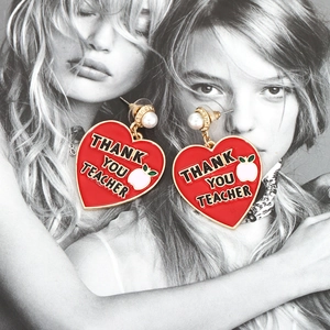 Red heart enamel earrings with Thank You Teacher text and faux pearl accents