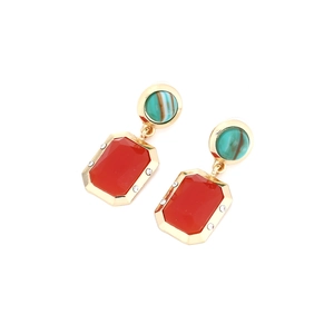 Elegant vintage geometric earrings with red octagonal stone and green accents on gold