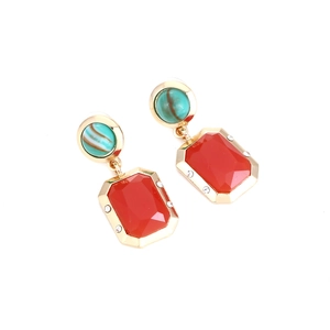 Elegant vintage square drop earrings with red crystal and green marble stone in gold frame