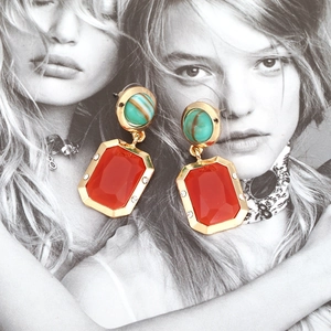 Elegant gold square earrings with green stone and red crystal drops for women