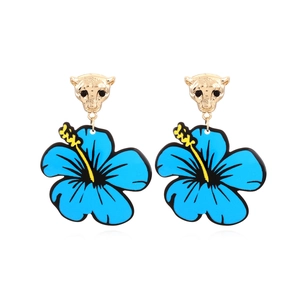 Hibiscus Flower Leopard Head Drop Earrings Alloy Acrylic Rhinestone Colorful Exotic Tropical Style Jewelry For Women