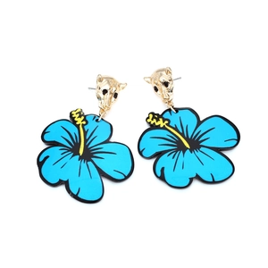 Floral earrings with golden leopard head studs and blue hibiscus charms for women