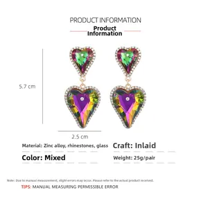 Detail view of 5.7cm gradient rainbow heart drop earrings with alloy micro-pave crystals