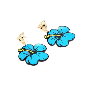 Fashion acrylic blue flower earrings with gold leopard head stud and vibrant crystals