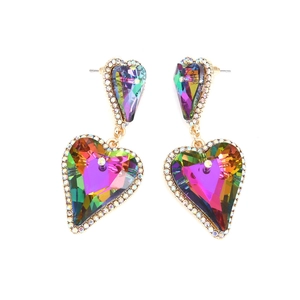 Luxurious gold heart drop earrings with iridescent multi-color crystals and tiny rhinestones