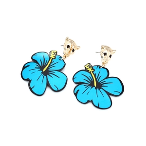 Chic leopard head earrings with blue floral acrylic pendants for a bold fashion statement
