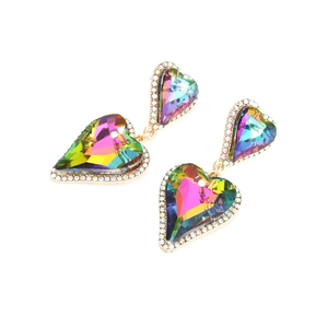 Detail of heart-shaped crystal earrings with colorful facets and gold rhinestone edges