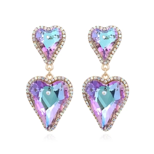 Elegant gold-tone drop earrings with gradient heart crystals and sparkling rhinestone borders