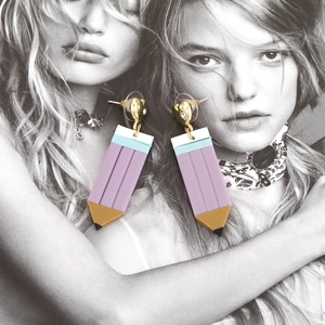 Creative pencil drop earrings with golden heart studs and vibrant purple acrylic details