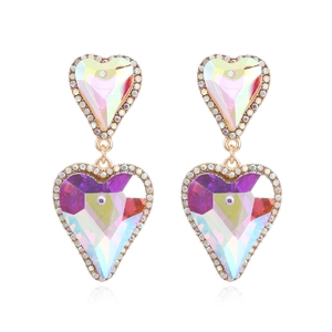 Luxurious gold heart-shaped earrings with colorful crystals and sparkling rhinestones