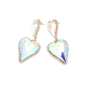 Detailed view of large heart-shaped iridescent crystal earrings with rhinestone border