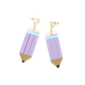 Creative purple pencil drop earrings with gold heart studs and sparkling rhinestones