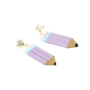 Creative pencil drop earrings with golden heart studs and colorful geometric clay layers