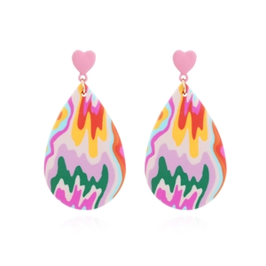 Pink Heart Polymer Clay Drop Earrings With Colorful Abstract Teardrop Pendant Bohemian Pop Art Style Fashion For Women