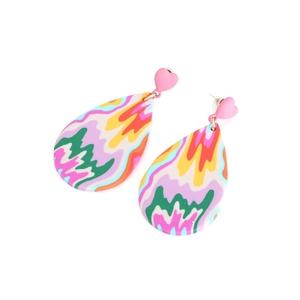Pink heart studs with colorful teardrop clay dangles featuring wave fluid textures
