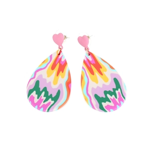 Pink heart stud earrings with colorful abstract wave pattern teardrop pendants