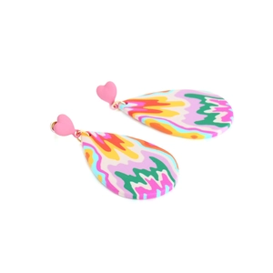 Pink heart stud earrings with colorful wavy pattern polymer clay water drop pendants