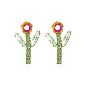 Flower Cactus Shape Stud Earrings Alloy Colorful Rhinestone Crystal Fresh Plant Design Fashion Jewelry For Women