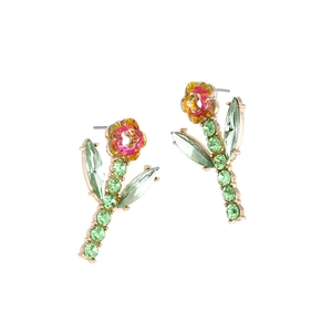 Floral stud earrings with colorful crystals and gold-plated alloy flower design