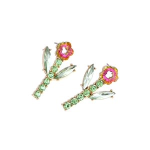 Elegant floral stud earrings with pink crystal petals and green leaf accents in gold