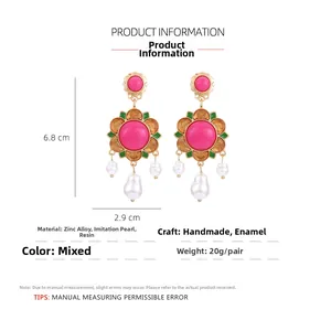 Detail view of floral drop earrings with dimensions 6.8x2.9cm and drop pearl accent
