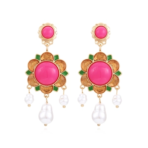 Retro Baroque Floral Drop Earrings With Pink Resin Flower And White Imitation Artificial Pearl Dangle Vintage Alloy Jewelry For Women