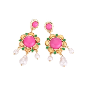 Vintage palace style floral drop earrings with pink gems and baroque pearls on gold base
