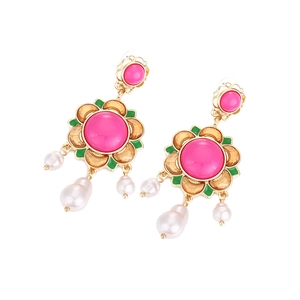 Vintage palace style flower earrings with pink stone and pearl pendants in gold finish