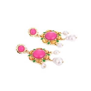 Vintage gold earrings with floral green enamel design and hanging white pearls