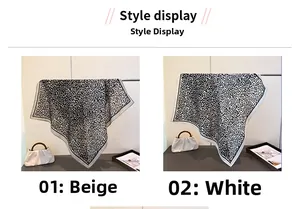 Detail showing beige and white leopard print scarves hanging with chic accessories
