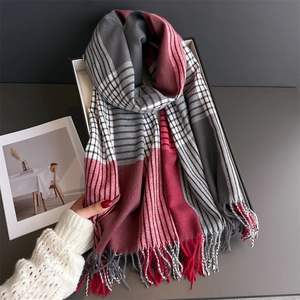Classic red and grey plaid tassel scarf in soft cashmere-like fabric for winter