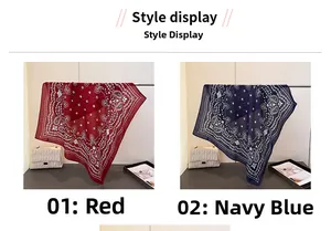 Détail de foulards carrés à motif paisley rouge et bleu marine avec texture aspect lin
