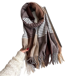 British style color-block plaid scarf with fringes for winter warmth in brown and khaki