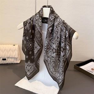 Elegant paisley pattern square scarf in dark coffee and white cotton linen blend fabric