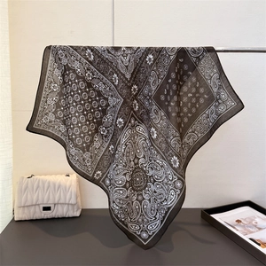 Black and white paisley pattern square silk scarf with elegant floral prints