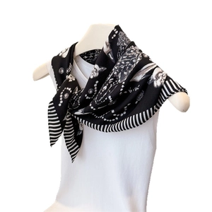 Elegant herringbone patterned silk-feel scarf with black and white floral prints