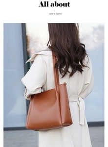 Brown large capacity tote bag worn with beige trench coat for a minimalist look