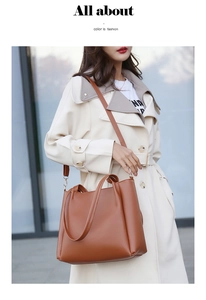 Close-up of brown PU leather tote bag with adjustable shoulder strap and large capacity