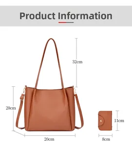 Detailed dimensions of brown PU leather tote and mini flap bag set with shoulder strap