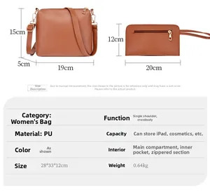 Detailed size chart showing dimensions for brown PU leather multi-piece shoulder handbag set