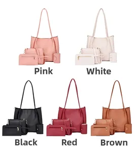 Detailed set of four lychee texture leather bags in pink, white, black, red and brown colors