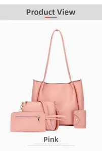 Pink 4-piece set including tote bag, crossbody bag, wallet, and card holder in PU leather