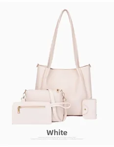 Detailed view of 4-piece cream white women handbag set with tote, crossbody, and clutch