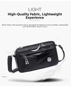 Dettaglio della borsa a tracolla in nylon nero con trama a coccodrillo e leggera