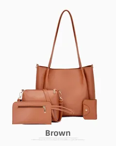 Brown 4-piece faux leather bag set featuring tote, crossbody bag, clutch, and card holder